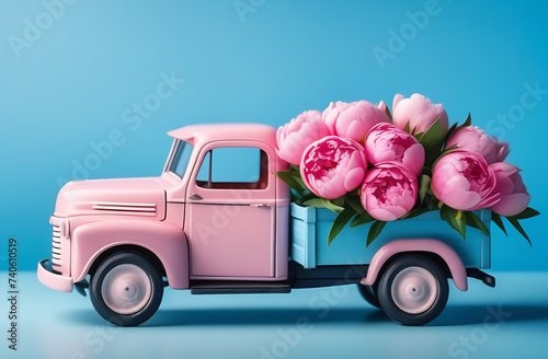 Truck with peony. Flowers express delivery for birthday valentine day and mothers day. Card and postcard. car with plants. Floral parcel. Vintage cute toy auto on blue background. Gift transportation