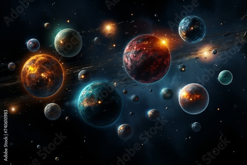 a universe with planets, stars and space satellites.A cluster of planets, black holes in space