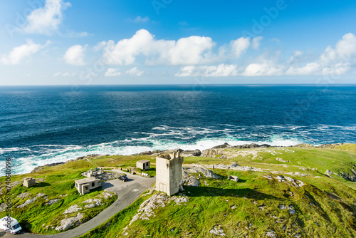 Aerial view of Banba's Crown, iconic gem of Malin Head, Ireland's northernmost point, famous Wild Atlantic Way, spectacular coastal route. Numerous Discovery Points. Co. Donegal