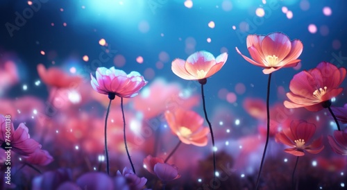 pink flowers with lots of blue bokeh sky and lights