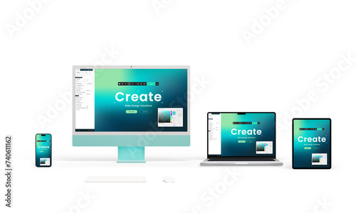 Computer, laptop, tablet, and phone displays showcase a responsive website creator interface with tools for web elements, modules, and color picking