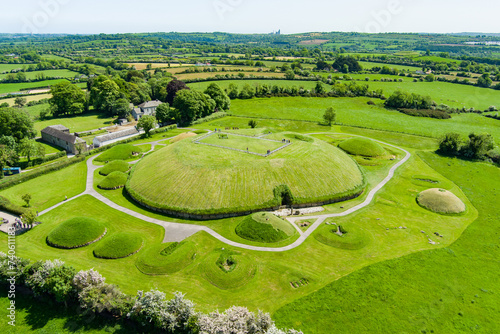 Aerial view of Knowth, the largest and most remarkable ancient monument in Ireland. Prehistoric passage tombs, part of the World Heritage Site of Bru na Boinne, valley of the River Boyne.