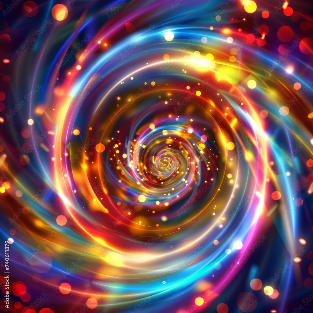 Abstract colorful light spiral background with bokeh effect and light particles Abstract colorful light spiral background with bokeh effect and light particles