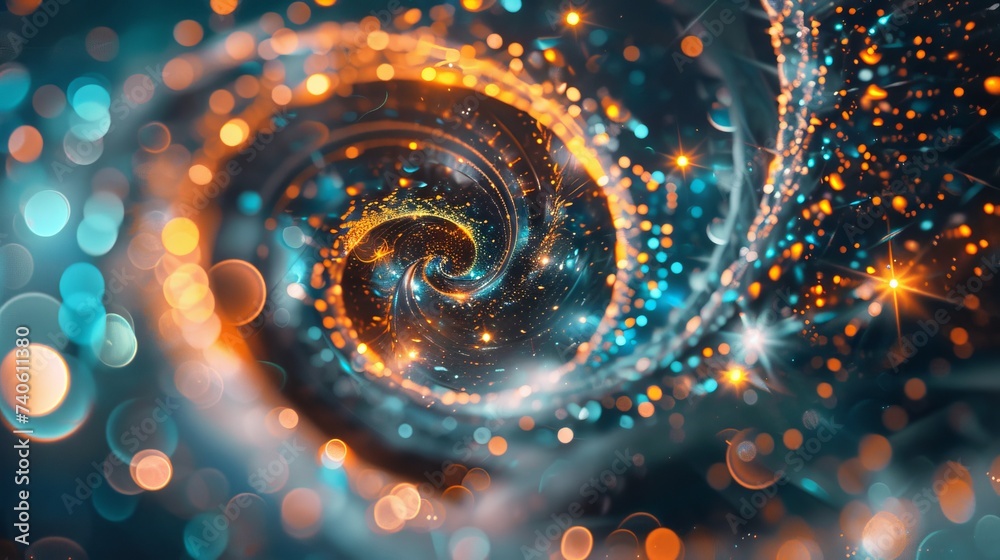 Abstract colorful light spiral background with bokeh effect and light particles