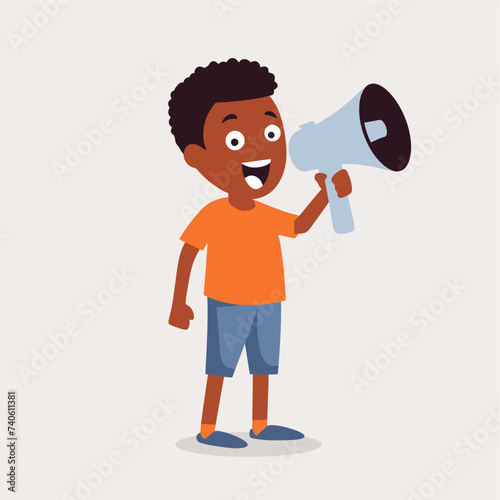 vector flat african young boy shouting on a megaphone