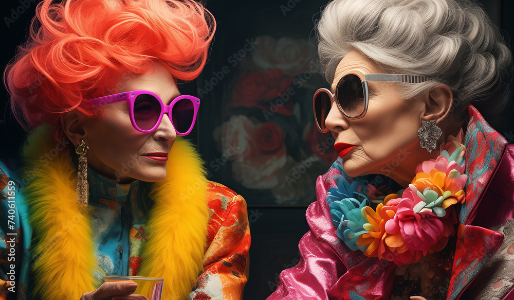 two emotional elderly women are sitting at a table . These women have bright clothes and colored hair. two emotional elderly women are sitting at a table . These women have bright clothes and colored hair.