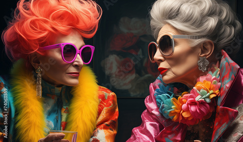 two emotional elderly women are sitting at a table . These women have bright clothes and colored hair.