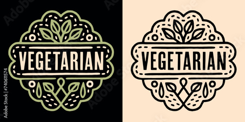 Vegetarian round badge logo plant based diet lettering button. Sign eat healthy vegetables organic retro vintage aesthetic. Hand drawn vector printable text shirt design and cruelty free products tag. photo