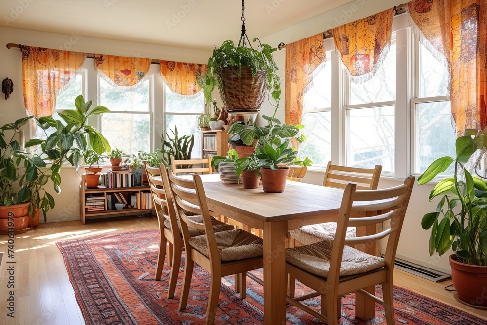 Mediterranean Bohemian Dining Room: Textile Curtains and Indoor Plants Inspiration