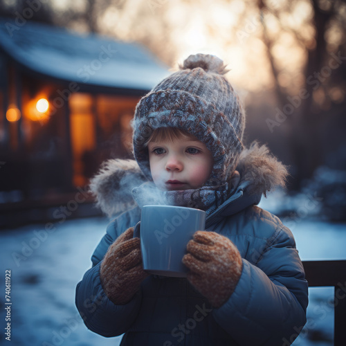 Frosty Delight: Child's Cozy Moment with Hot Chocolate in Winter's Embrace © BiljanaMoe