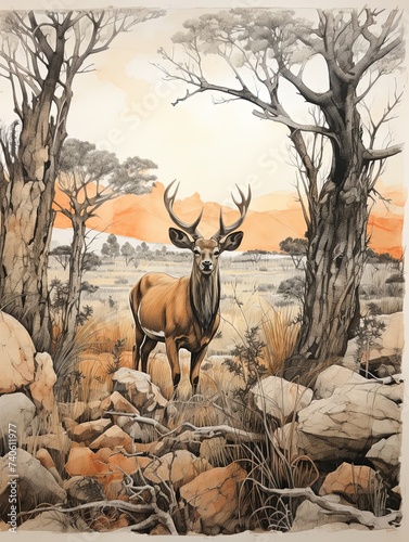 Roaming Free: Vintage Wildlife Safari Sketches on Serengeti Plains