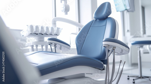 a modern dental chair and equipment in a clinic setting, ideal for illustrating dental practices, oral healthcare, or dentist office settings