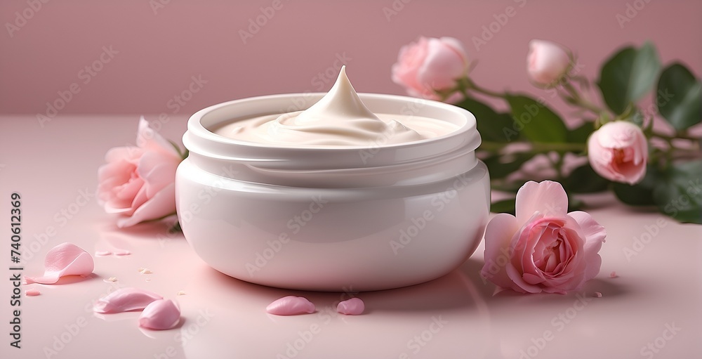 Un pot de crème de beauté pour le visage sur un fond rose avec des fleurs Un pot de crème de beauté pour le visage sur un fond rose avec des fleurs