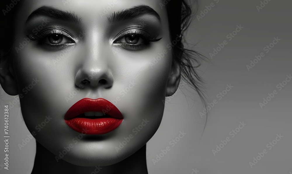 Une belle femme brune mannequin maquillée avec du rouge à lèvres et du mascara en noir et blanc - obrazy, fototapety, plakaty 