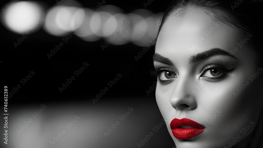 Une belle femme brune mannequin maquillée avec du rouge à lèvres et du mascara effet noir et blanc sur un fond moderne et flou - obrazy, fototapety, plakaty 