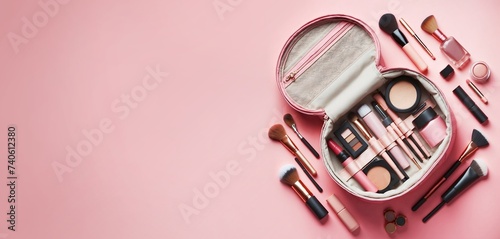 Une trousse de beauté ouverte vue de dessus avec du maquillage et des produits de beauté sur un fond rose photo