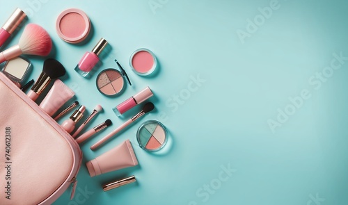 Une trousse de maquillage rose vue de dessus avec des produits de beauté, du rouge à lèvres, du vernis à ongles, du fard à paupières, des pinceaux, et des crèmes de beauté sur un fond turquoise photo