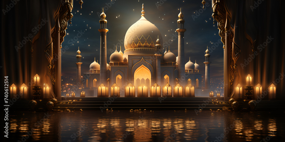 Beautiful mosque large menar night fasting prayer expansive lighting  background illustration - obrazy, fototapety, plakaty 