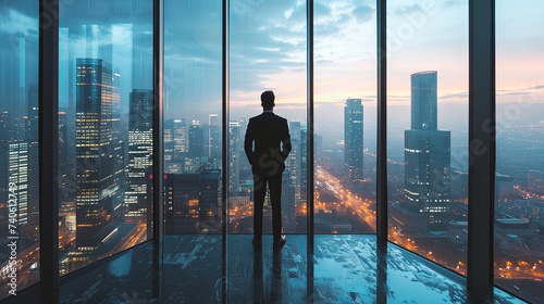 Businessman looking out of office over city © Nuttapong