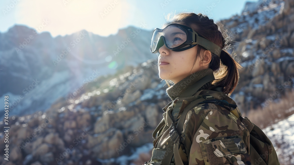 Close-up shot of confident woman soldier wearing eye protection, isolated shot with bokeh, bright, sunny