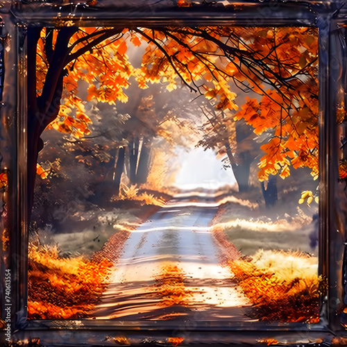 Autumn in the forest 3d image, A frame in the woods with autumn leaves