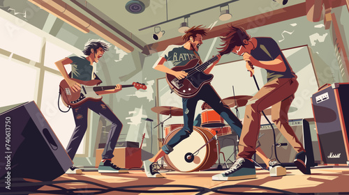 Rock band during a rehearsal or performance various musical equipment and instruments scattered around.