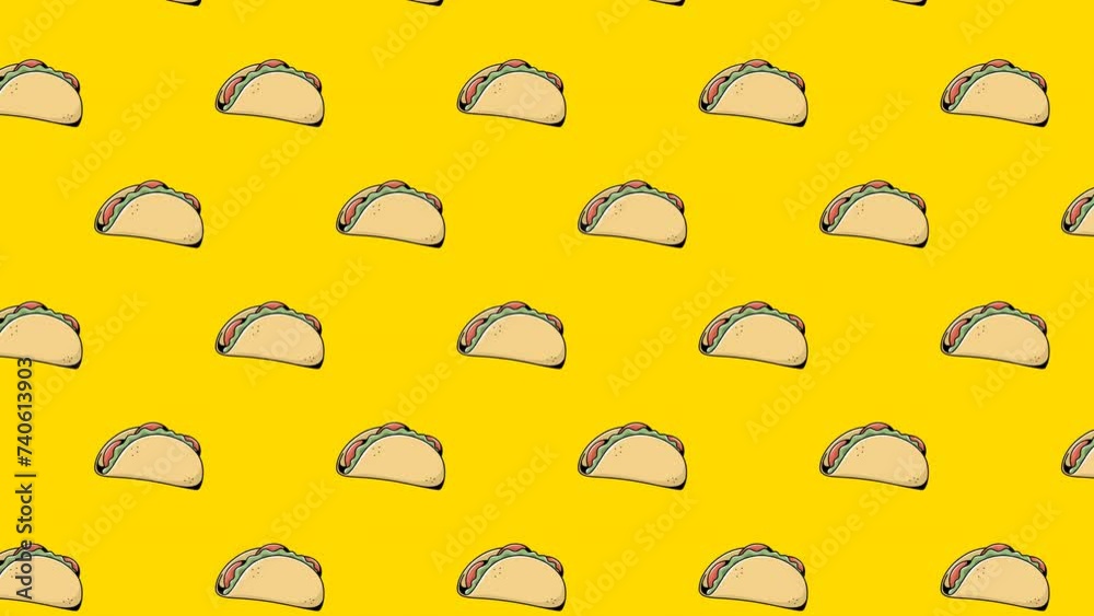 4k animated taco motion pattern on white background. Motion Wallpaper Banner or Card Template. Fast Food animated pattern design. Multiple uses.