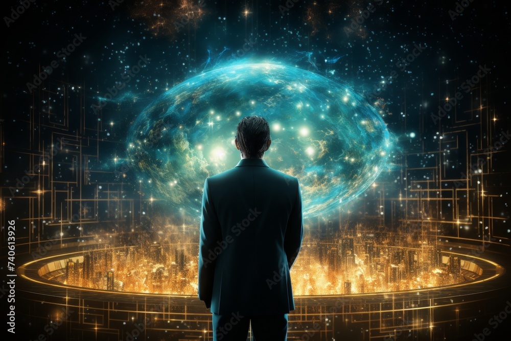 A businessman holding a tablet and looking at a virtual blockchain network with data fields floating around him A businessman holding a tablet and looking at a virtual blockchain network with data fields floating around him