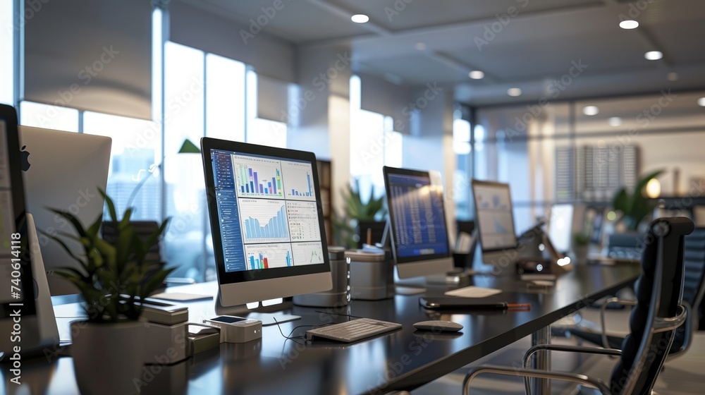 Modern Accounting Firm Office with Multiple Computer Screens for Data Analysis and Financial Management