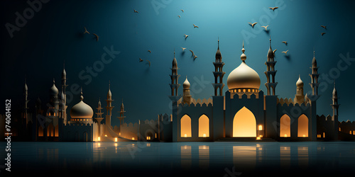 Happy Ramadan Kareem Eid Mubarak Fitr 3d of mosque moon geometric pattern for background , 