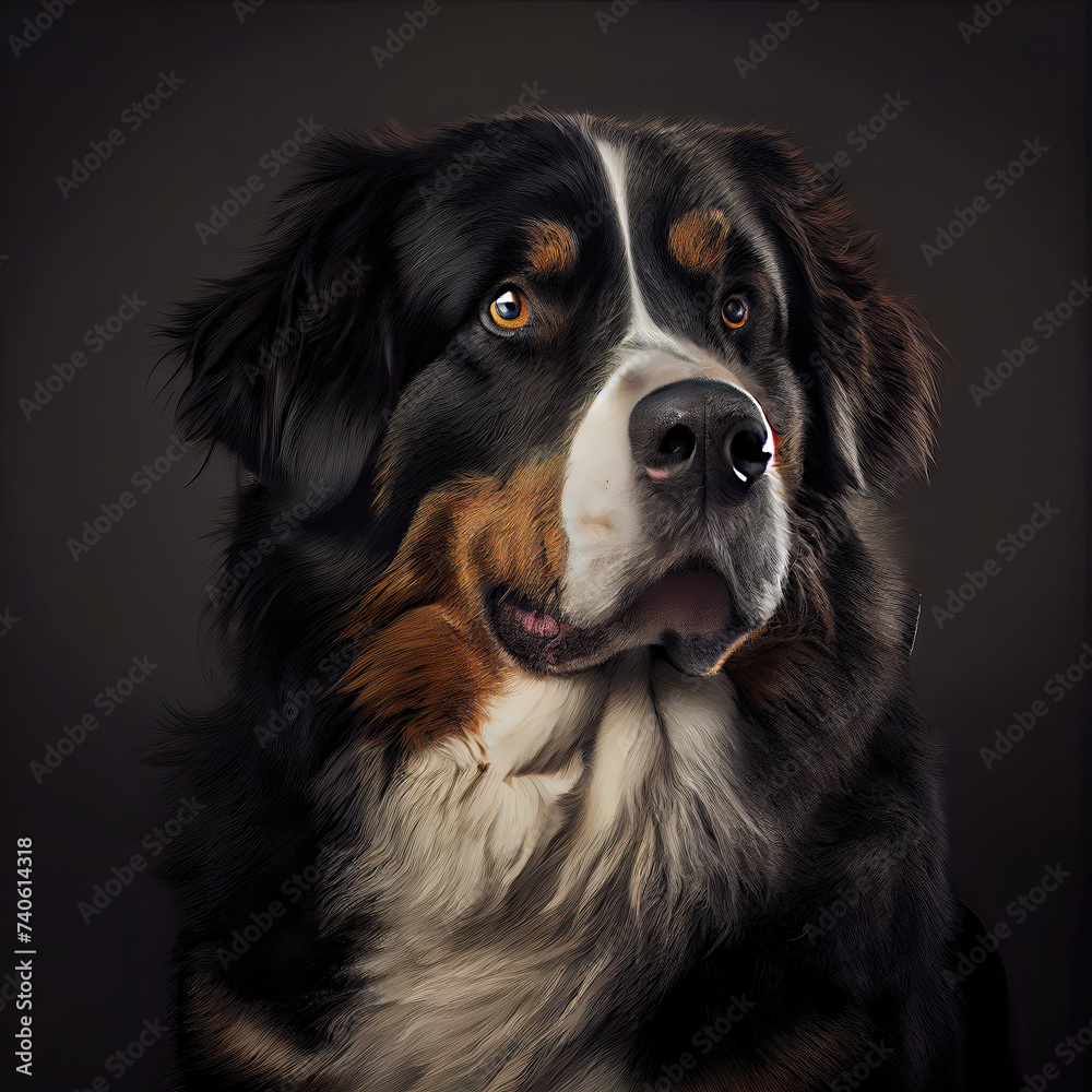 Professional Bernese Shepherd Dog Portrait with Dark Background