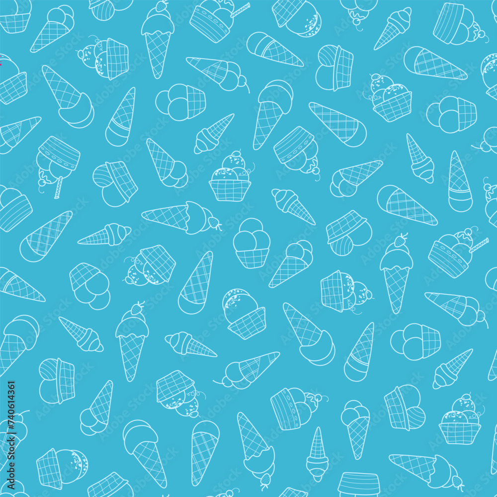 seamless vector pattern with soft serve ice cream in cone and cup. silhouettes in line hand drawn style. for summer design. on turquoise background