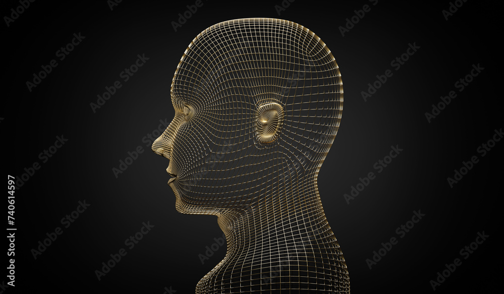 Golden wireframe head shape - 3D illustration Golden wireframe head shape - 3D illustration