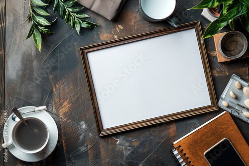 white frame mockup on vintage wooden bench, table top view