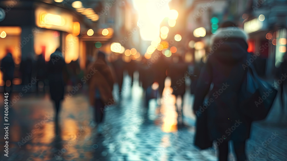 A blurred mass of people, mostly women, walk on a busy city street during the day - obrazy, fototapety, plakaty 