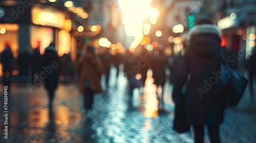 A blurred mass of people, mostly women, walk on a busy city street during the day