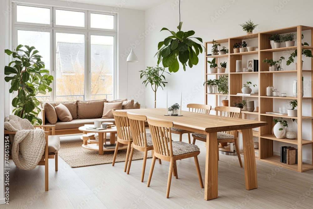 Nordic Serenity: Wooden Dining Table and Indoor Plant Decor Lounge