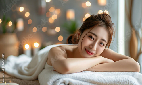 Beautiful asian woman feels relaxing and lay down on spa bed