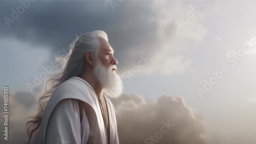 Christian god in white robes against background of heaven, saint, ascetic, Generative AI, photo