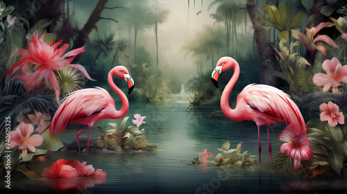 Flamingos grace the zoo, wading and standing elegantly in the water, showcasing their beautiful pink feathers, long necks, and distinctive beaks in a tropical and exotic wildlife setting