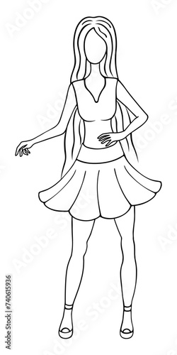 Beautiful woman with long hair. Sketch. A girl in a sleeveless blouse with a low neckline, as well as a short skirt with pleats at the hem. Vector illustration. Doodle style. 
