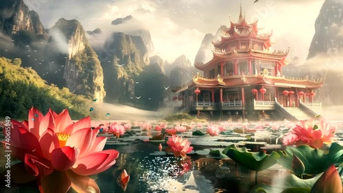 Palatial Serenade: Lotus-Embraced Lake, a Picturesque Palace, and the Soothing Backdrop of Mountain Serenity. Fantasy background, seamless looping 4K Footage Animation photo