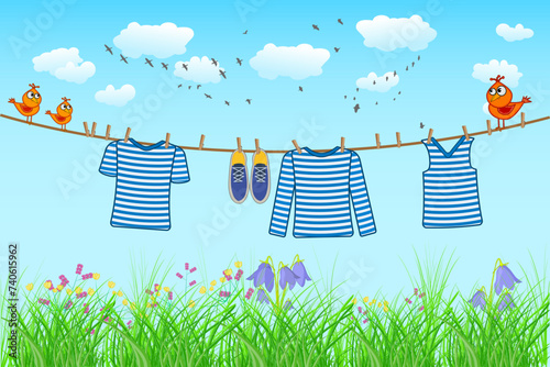 Striped shirt hang on the rope on sky and grass background.Laundry hanging on washing line on sunny day.Clear shirt and shoes drying on clothesline with clothespins and birds.Stock vector illustration