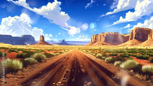 Sand desert hot dirty road path. Outdoor arizona western nature landscape background. Animated fantasy background, watercolor painting illustration style, seamless looping 4K video photo