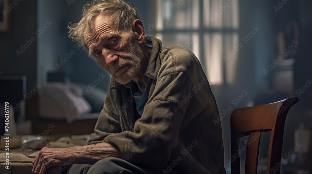 Anciano triste y abandonado en un hogar de ancianos.