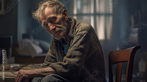 Anciano triste y abandonado en un hogar de ancianos.
