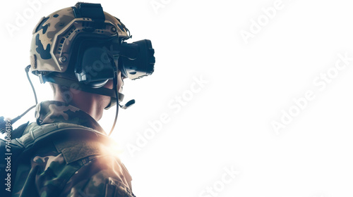 FPV drone pilot soldier with first person view goggles on and wearing military army clothes. Isolated against white background