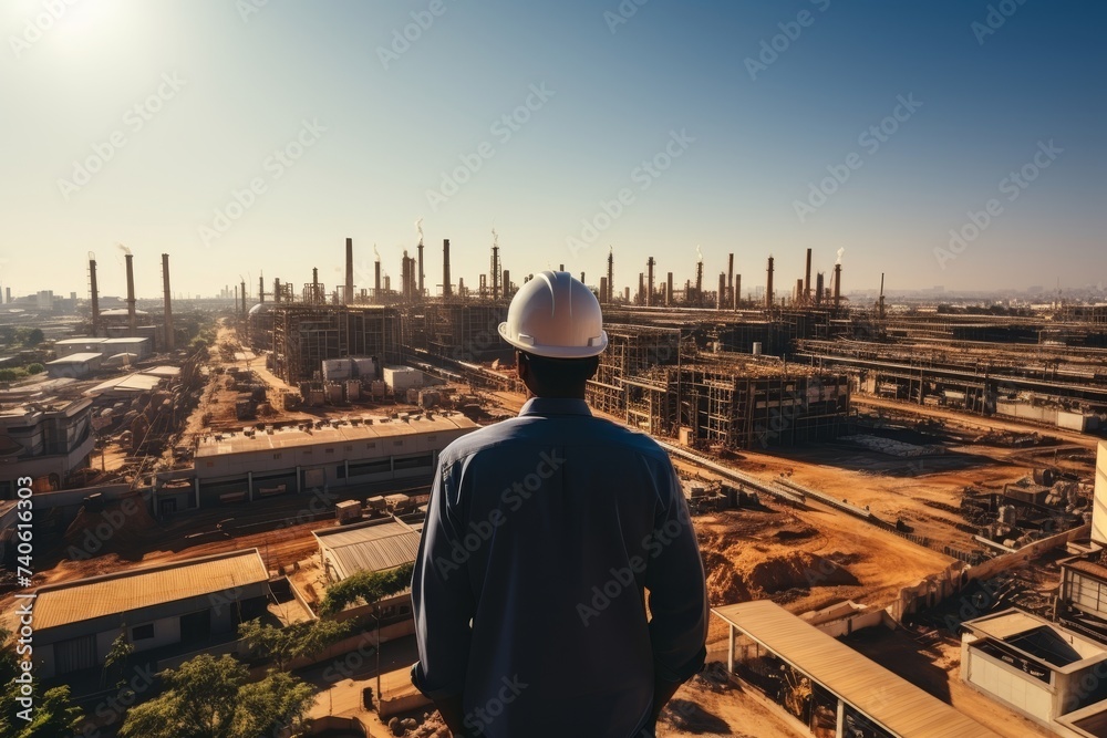 rear view of professional engineer manager standing concentrate focus multi exposure with building construction industry background construstion - obrazy, fototapety, plakaty 