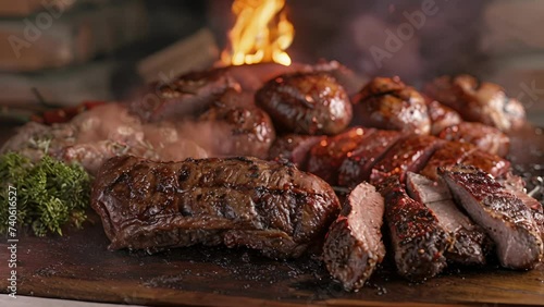 Indulge in a true Argentinian asado featuring a variety of mouthwatering grilled meats such as matambre choripan and bife de lomo. The faint smell of smoke and the sound of photo