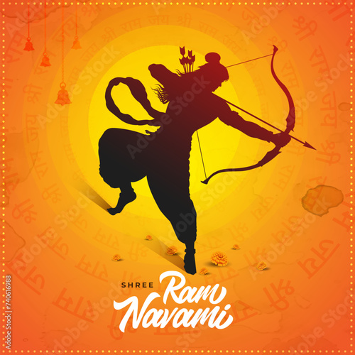 Happy Shree Ram Navami Background Vector, Lord Rama aiming with bow and arrow